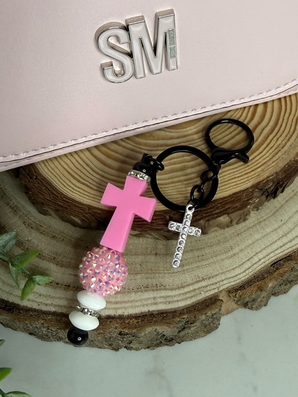 Pink Cross Beaded Keychain with Rhinestone Cross Charm